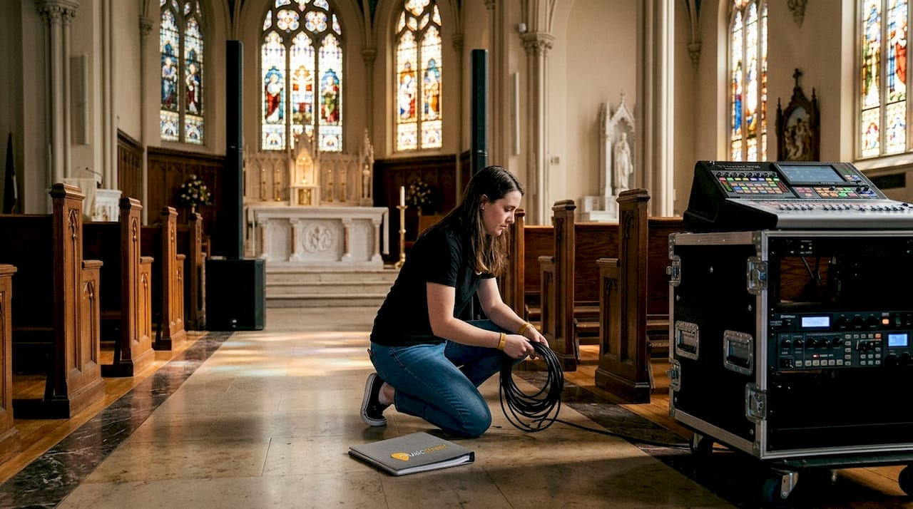 Church sanctuary with column PA speakers setup
