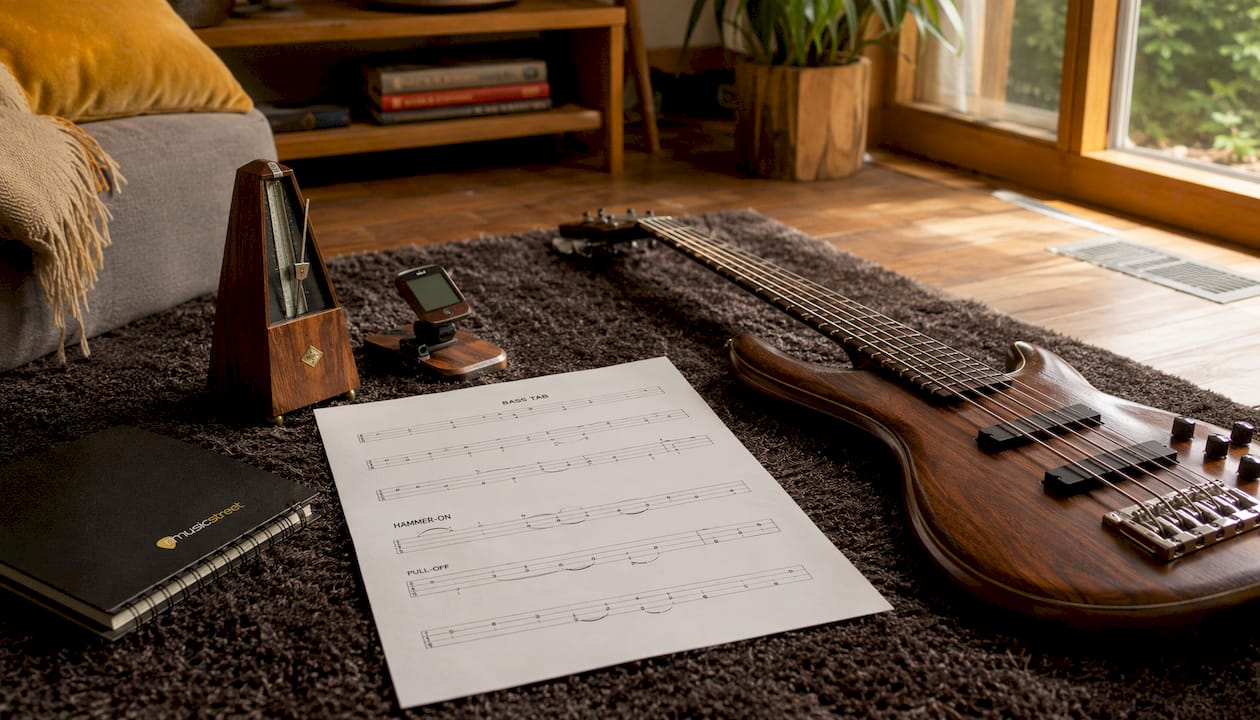 Bass tab sheet with symbols and bass guitar neck