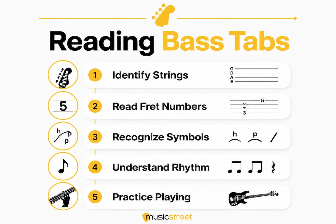Infographic showing step-by-step bass tab reading guide