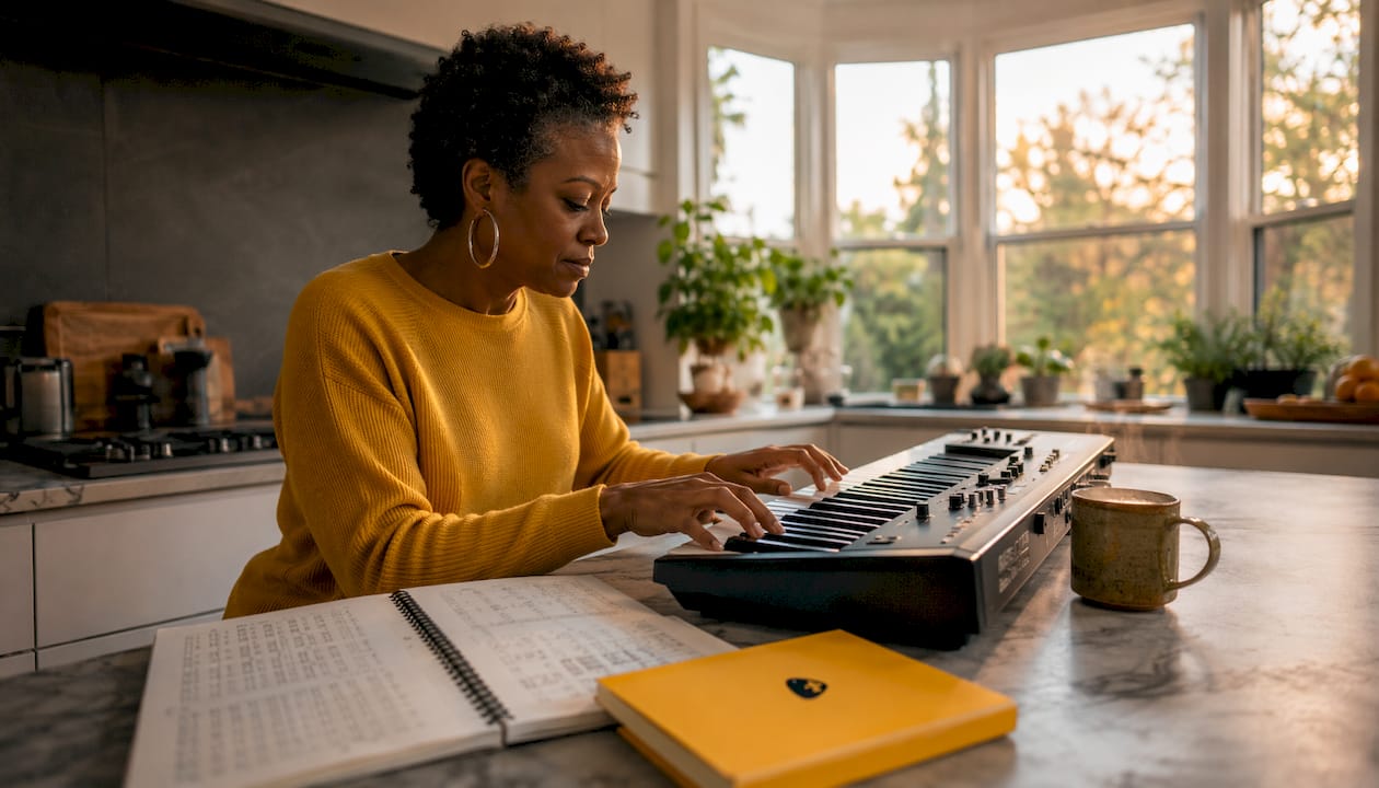 Woman playing keyboard minor scales study