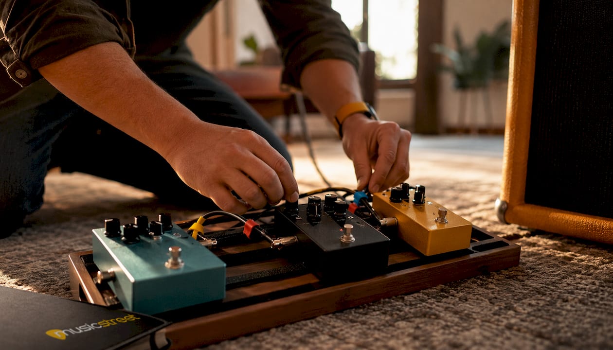 Close-up of guitar effects pedals selection