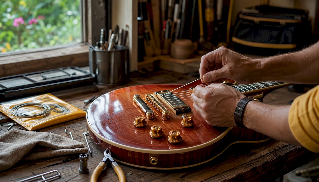 Hands stretching electric guitar strings