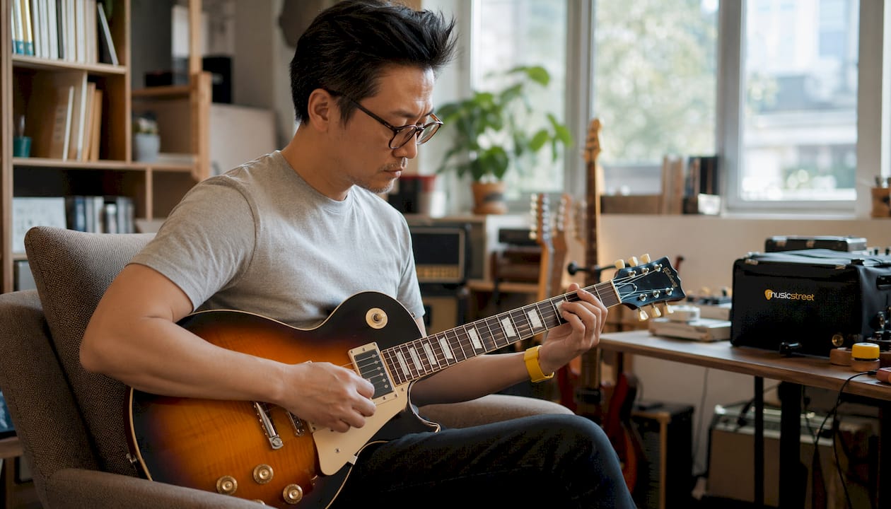 Man playing open E chord on guitar fretboard