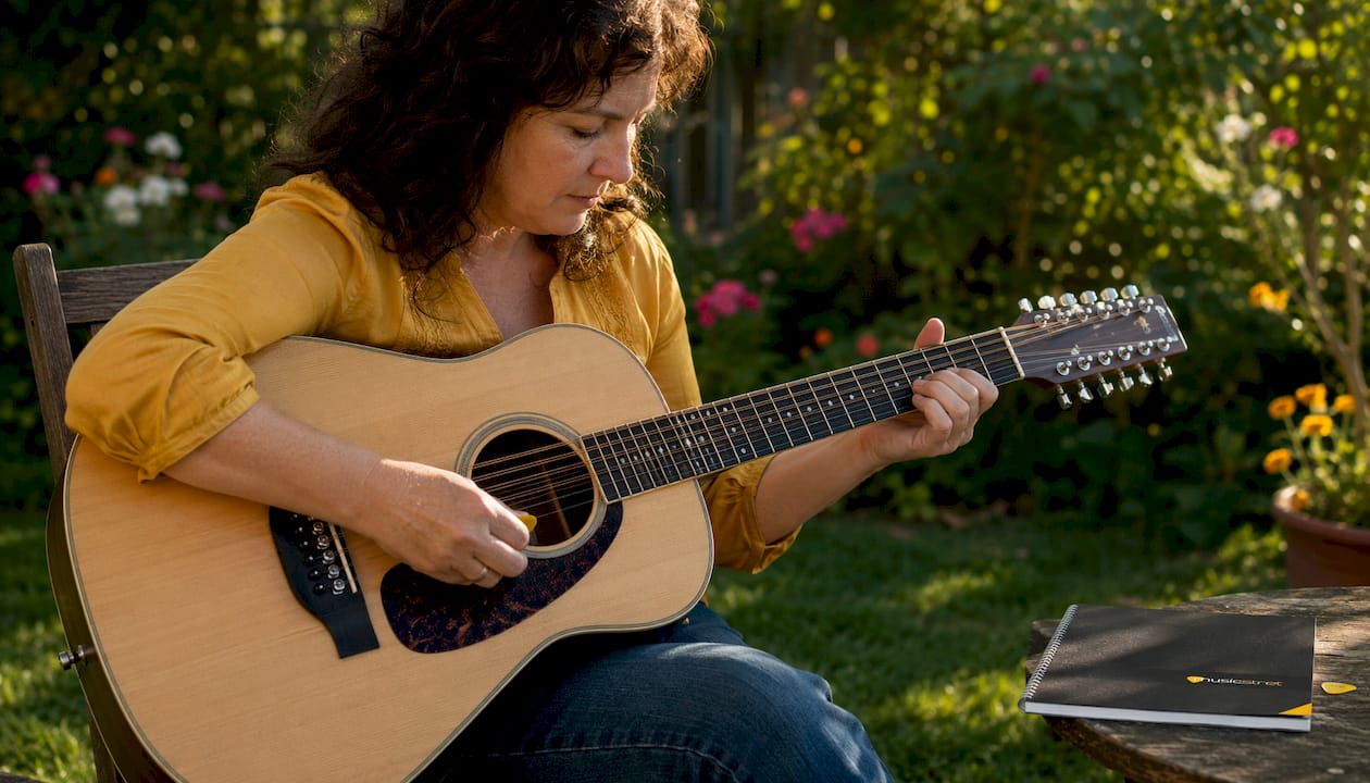 Over-shoulder strumming 12-string guitar technique
