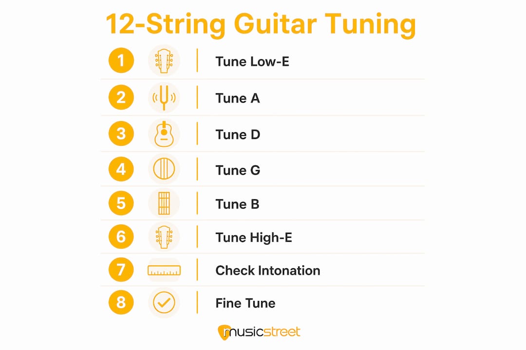 Infographic showing steps to tune a 12-string guitar