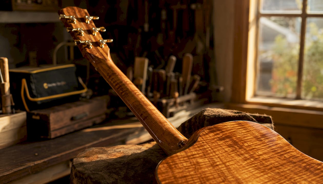 Close-up of Australian tonewood on Maton guitar body
