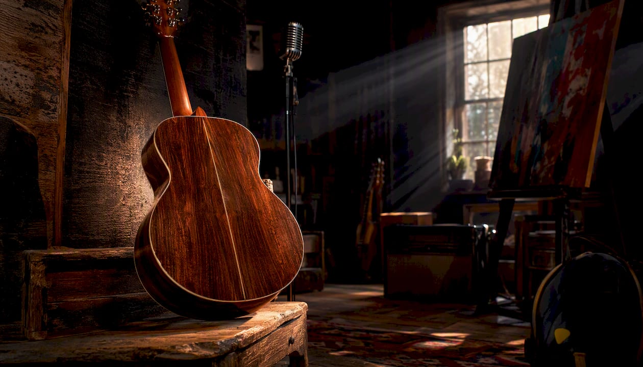 Maton TE Personal Jumbo guitar on stool in rehearsal room