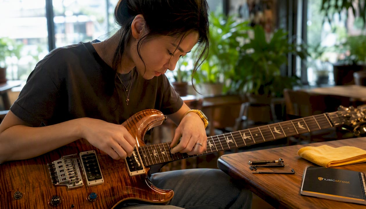 Hands tuning PRS Custom 24 guitar in home studio