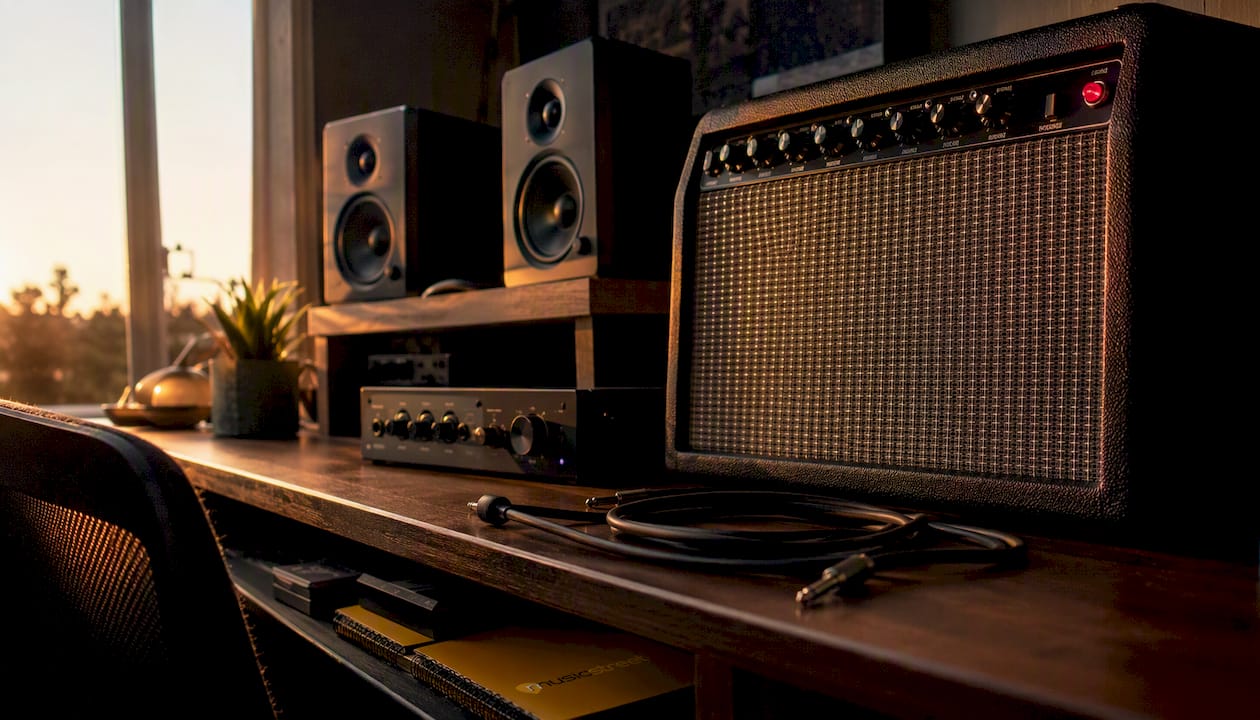 Fender Tone Master amp in studio corner