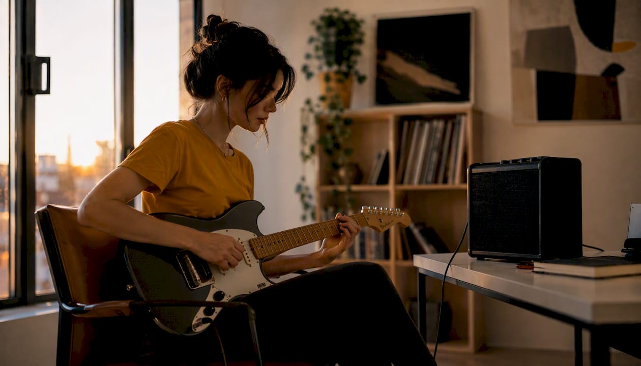 Woman practicing guitar with Fender Mustang LT25 amp