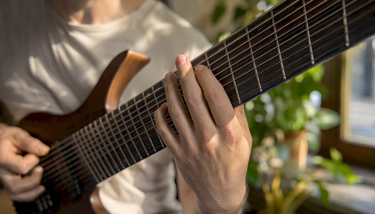 Hands playing 7-string guitar fanned frets
