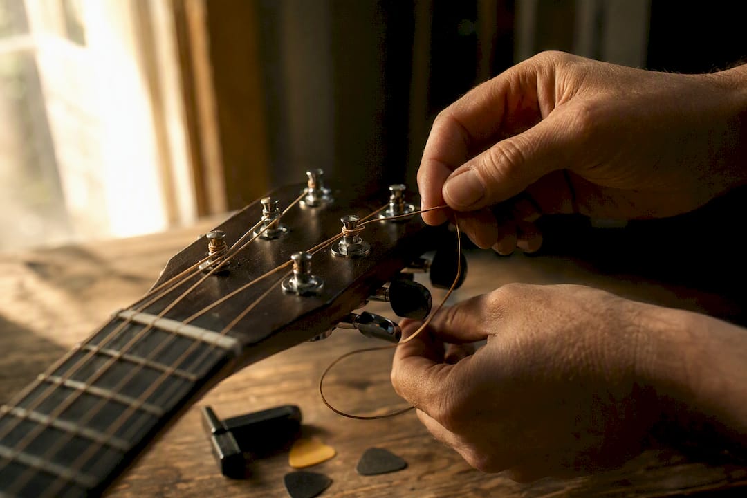 Hands winding string on tuning peg