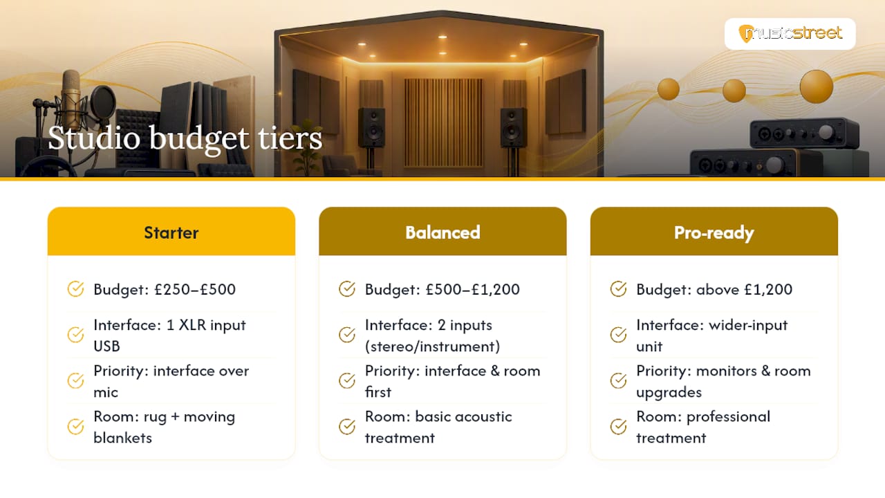 Recording studio budget tiers and equipment priorities