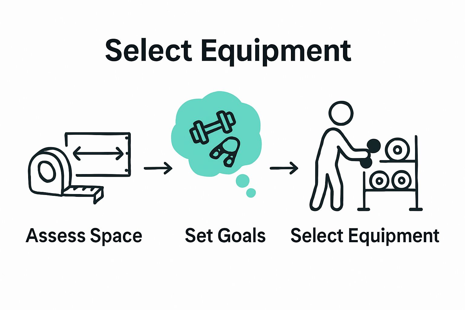 Infographic showing space assessment, goal setting, and equipment selection steps
