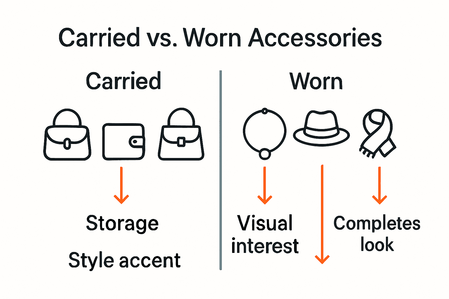 Infographic comparing carried and worn fashion accessories with function icons.