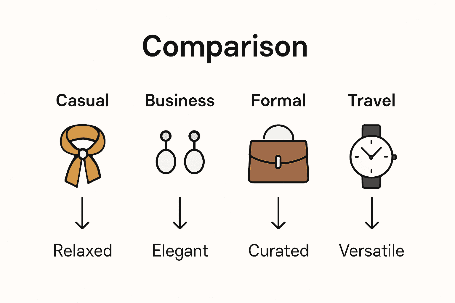 Infographic comparing accessory types for casual, business, formal, and travel occasions.
