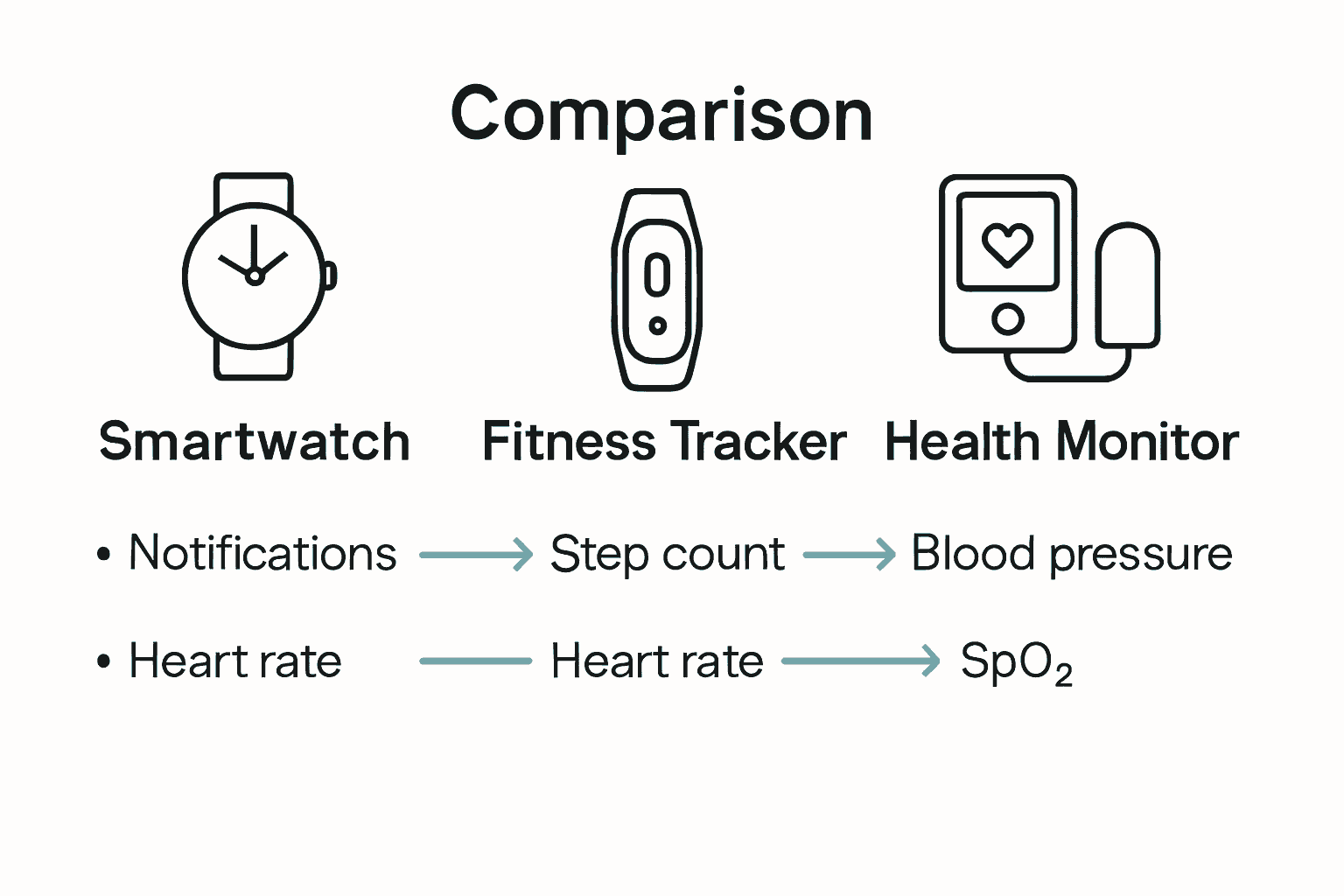 Infographic comparing smartwatch, fitness tracker, and health monitor features