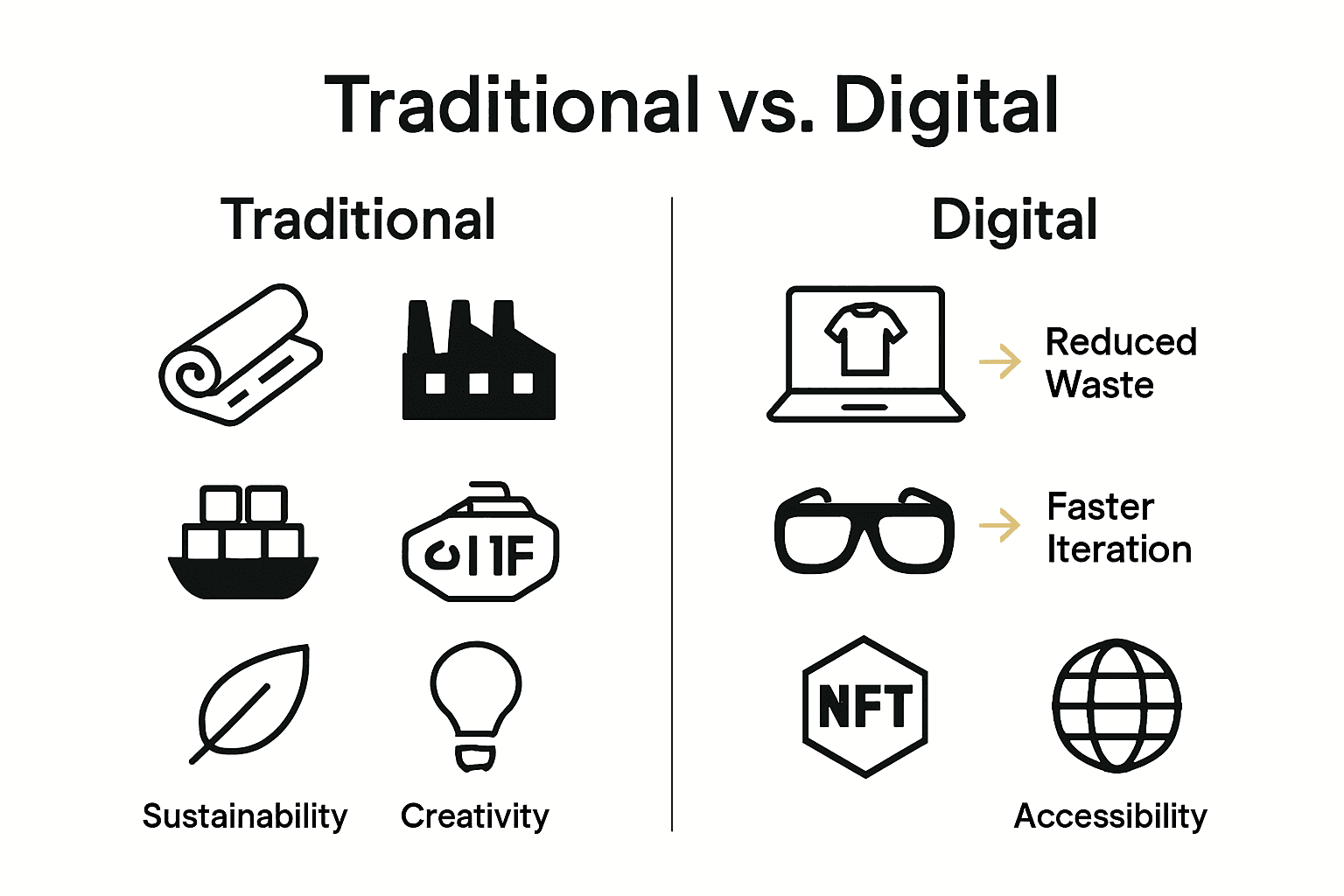 Infographic comparing traditional versus digital fashion processes highlighting sustainability and innovation benefits.