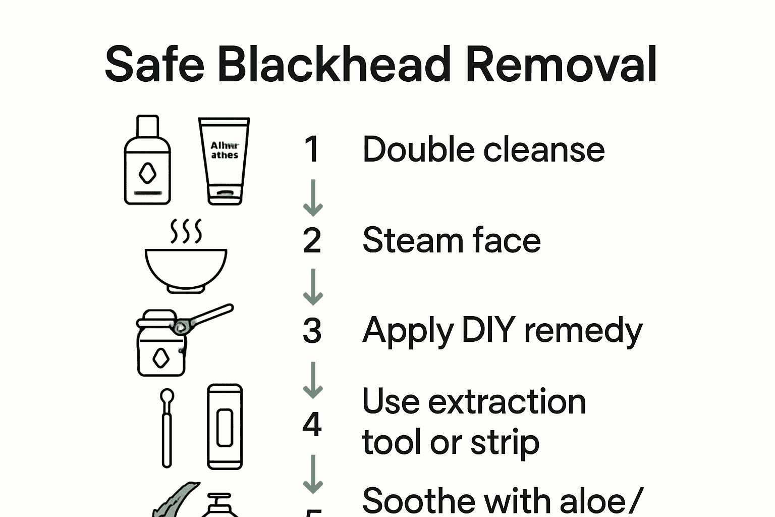 Infographic showing steps for natural blackhead removal: cleanse, steam, apply natural remedy, extract, soothe.