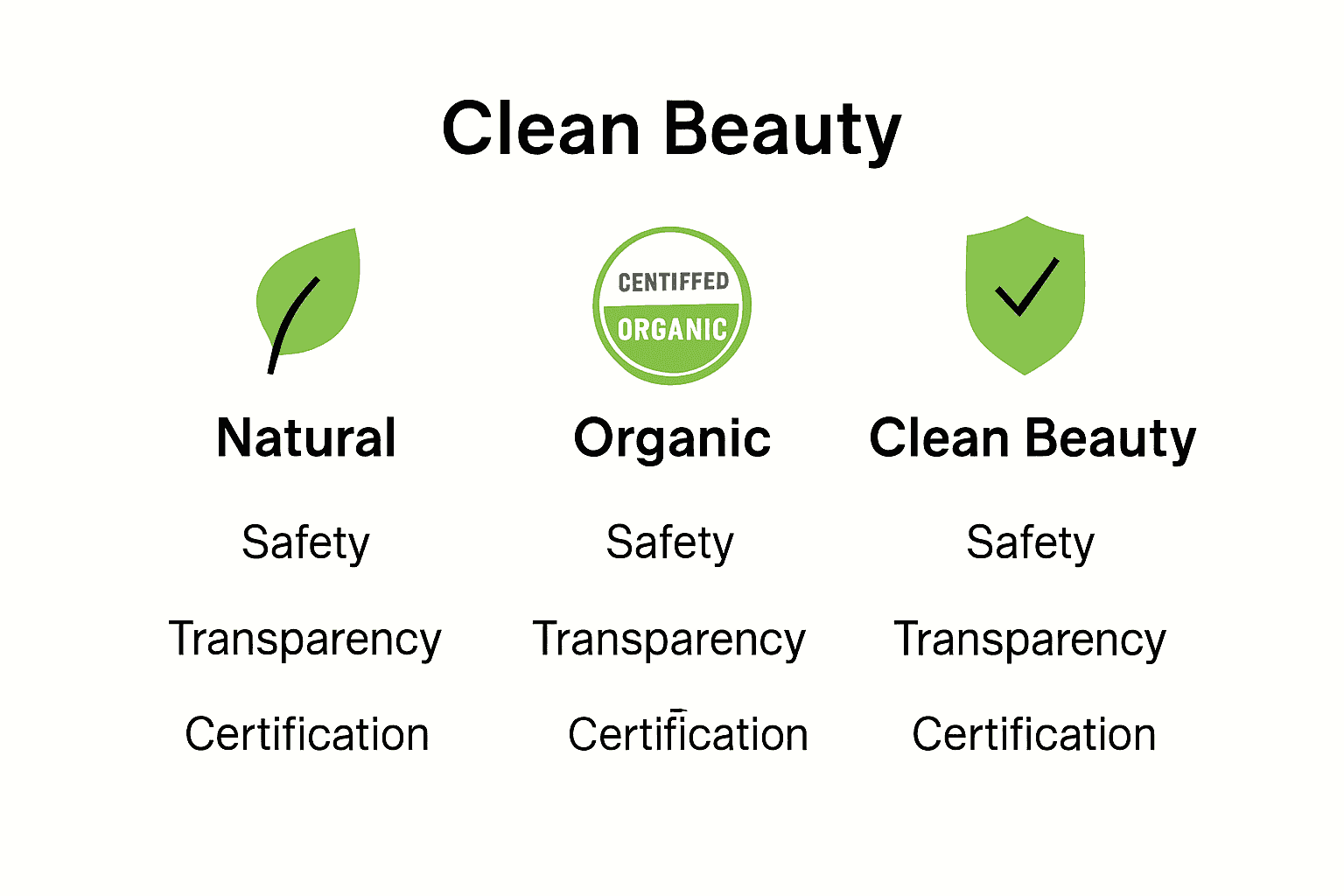 Infographic comparing natural, organic, and clean beauty standards with clear icons and summary points.