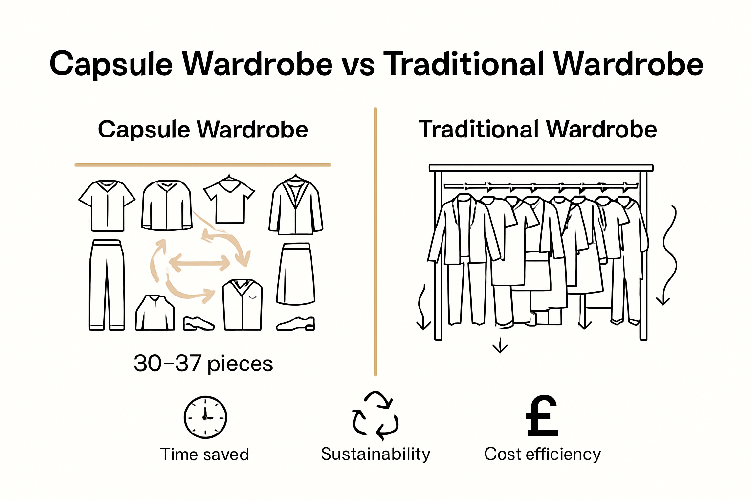 Side-by-side infographic showing capsule wardrobe versus traditional wardrobe