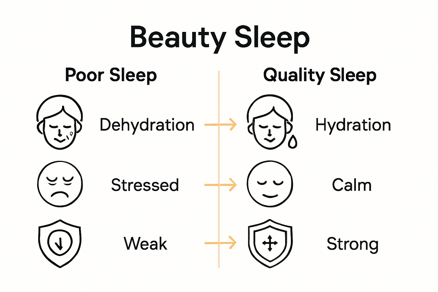 Infographic comparing poor sleep and quality beauty sleep effects on skin, mood, and immunity