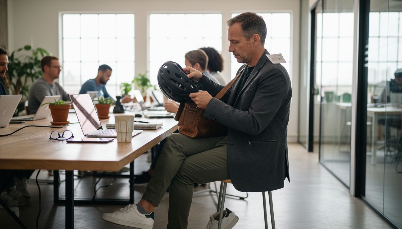 Man in functional jacket at tech office workspace