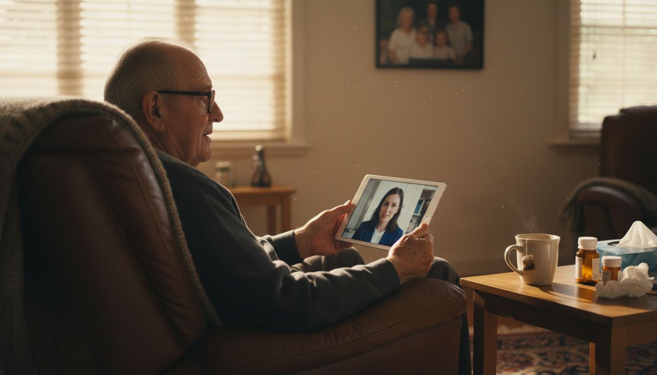 Elderly man using telemedicine at home
