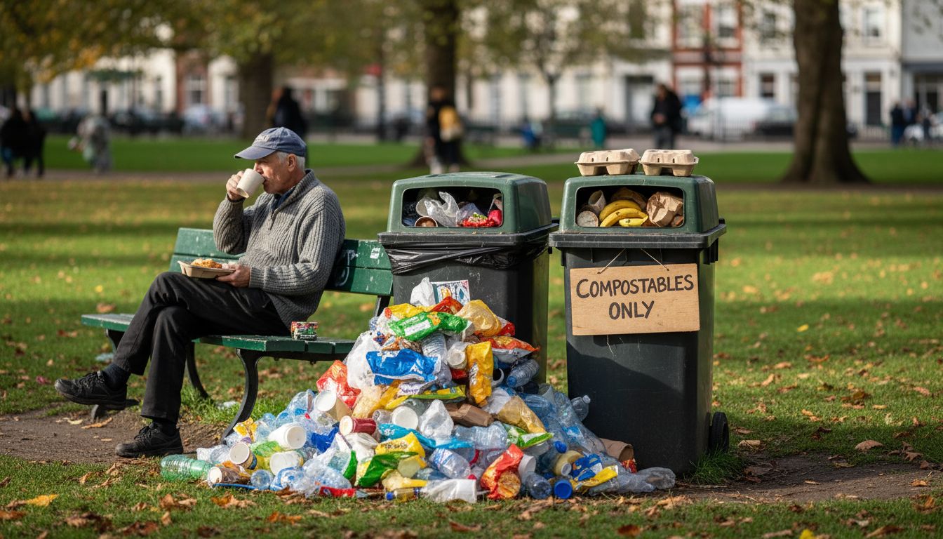 Biodegradable packages in park bin beside plastics
