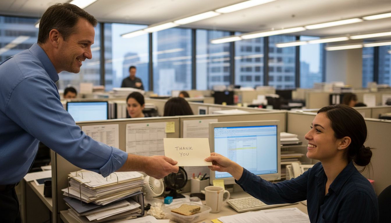 Supervisor gives employee thank you card