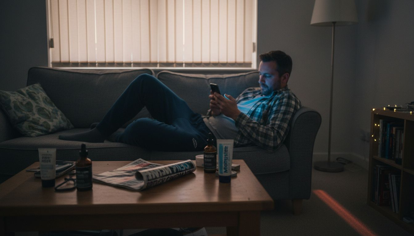 Man using phone with blue light on face