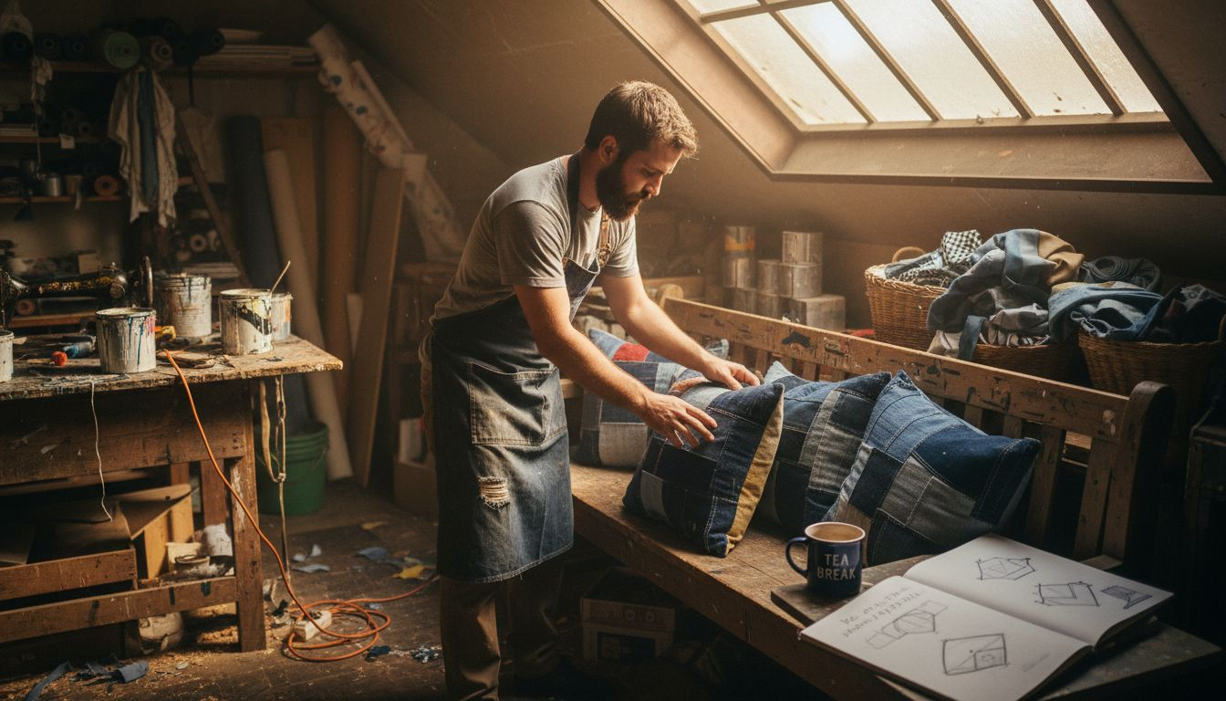 Man arranging upcycled denim pillows in workshop
