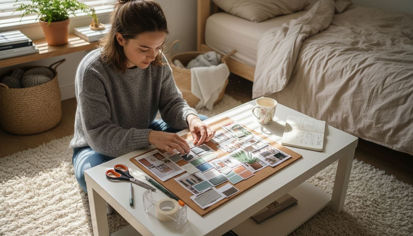 Young woman making home decor mood board