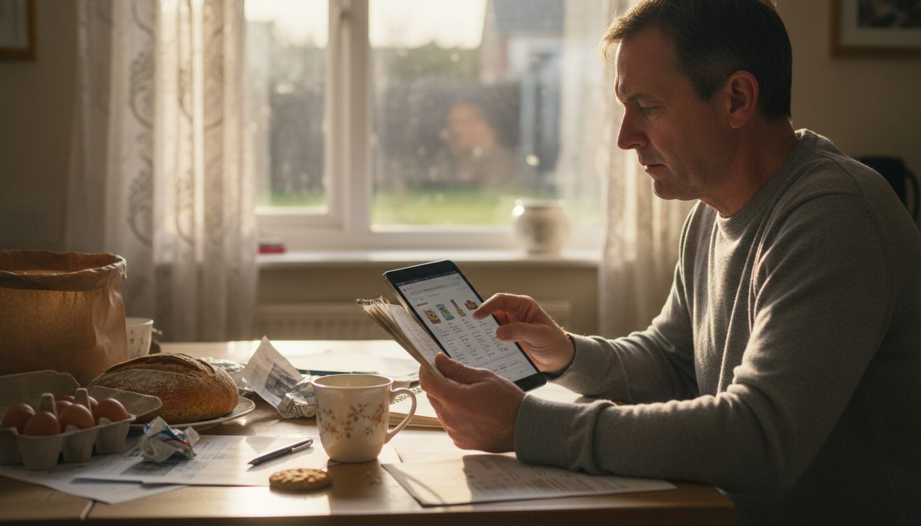 Man comparing essential products on tablet
