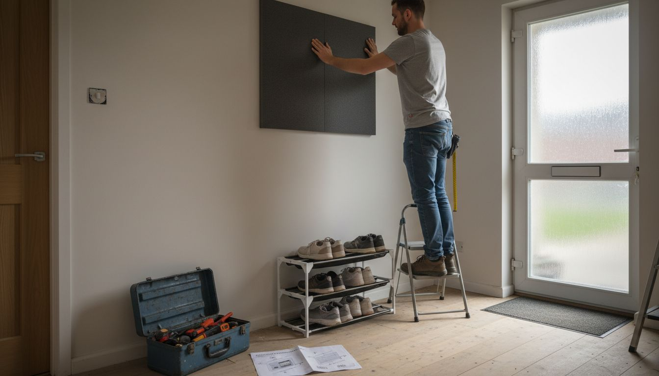 Homeowner installing acoustic panel hallway