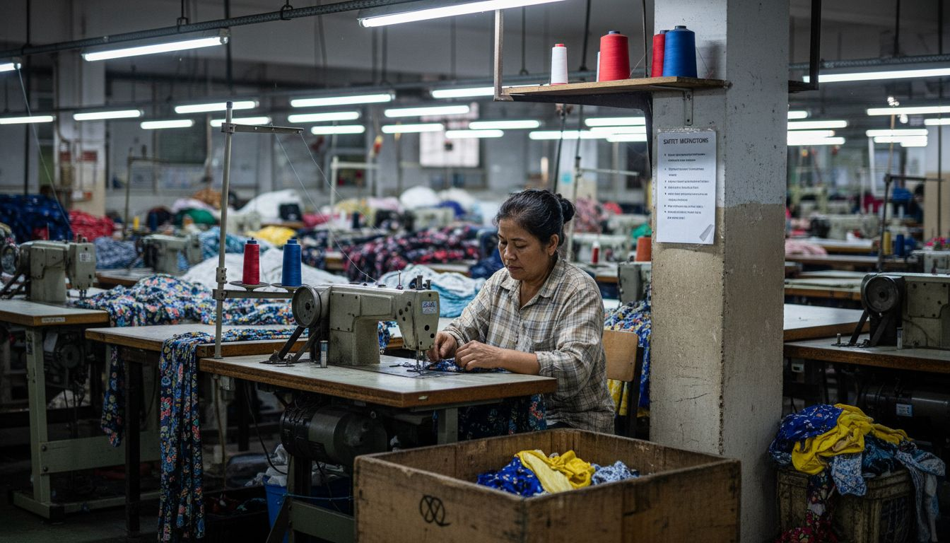Sewing factory worker on busy garment floor