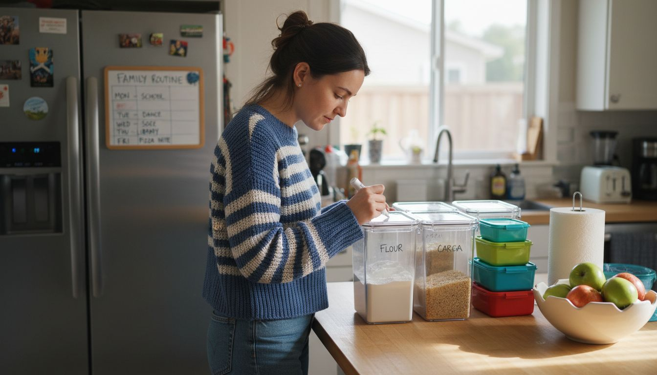 Mother labeling containers in organized kitchen