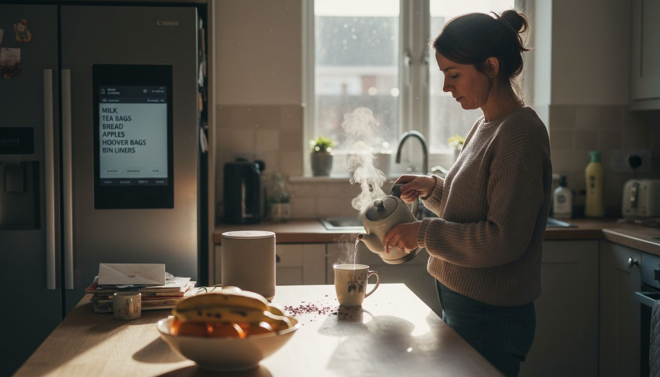 Woman using smart kitchen appliances and speaker