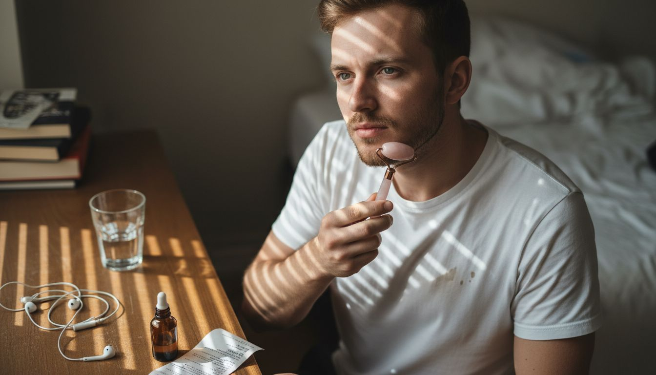Man using rose quartz roller on jawline