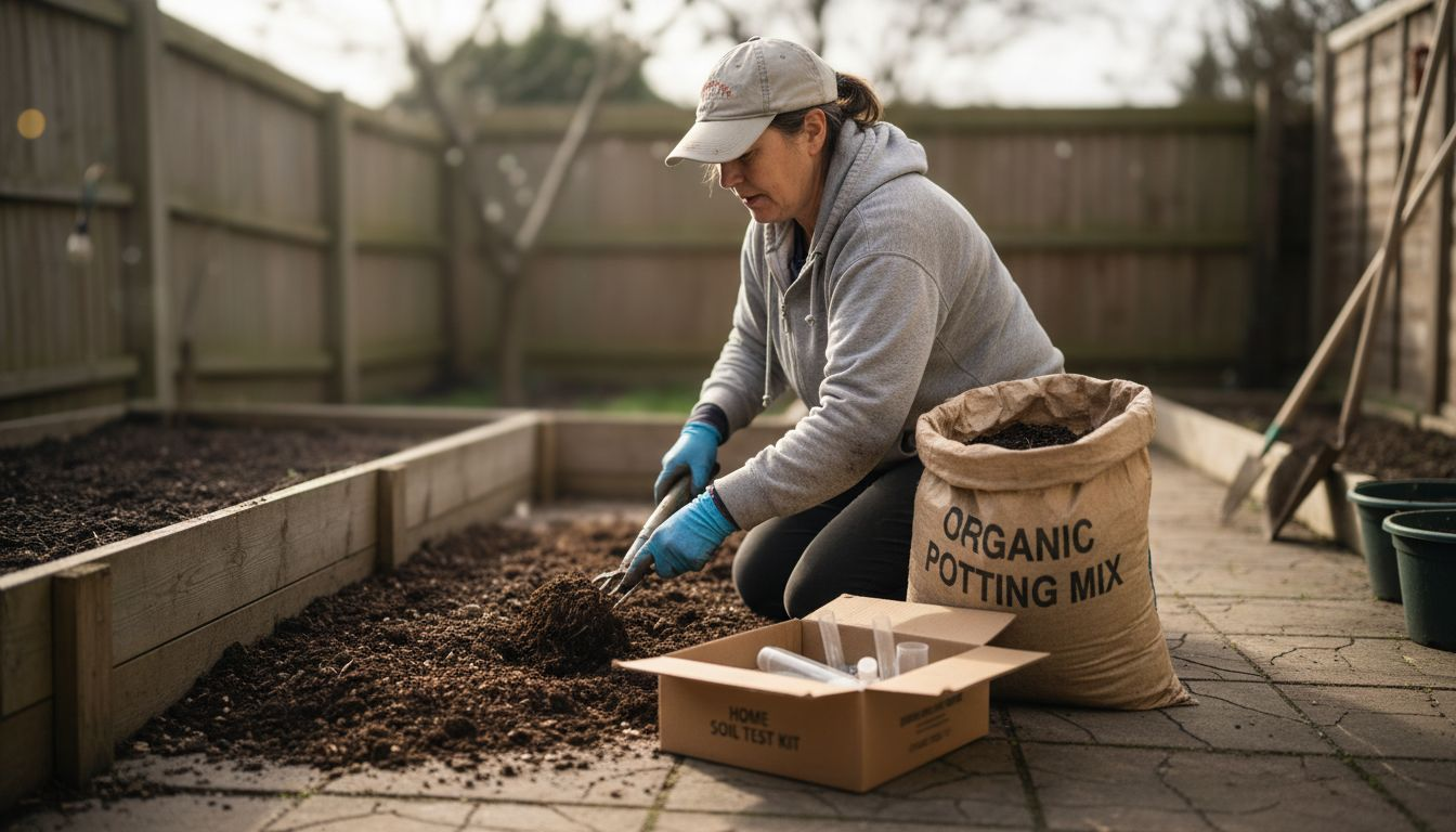 Gardener preparing soil in compact backyard