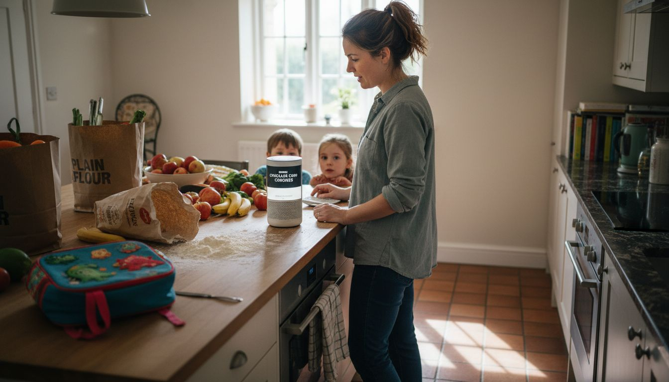 Family uses smart speaker in messy kitchen