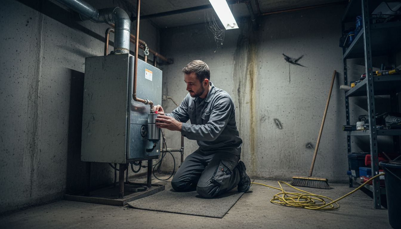 Technician checks predictive maintenance sensor in basement