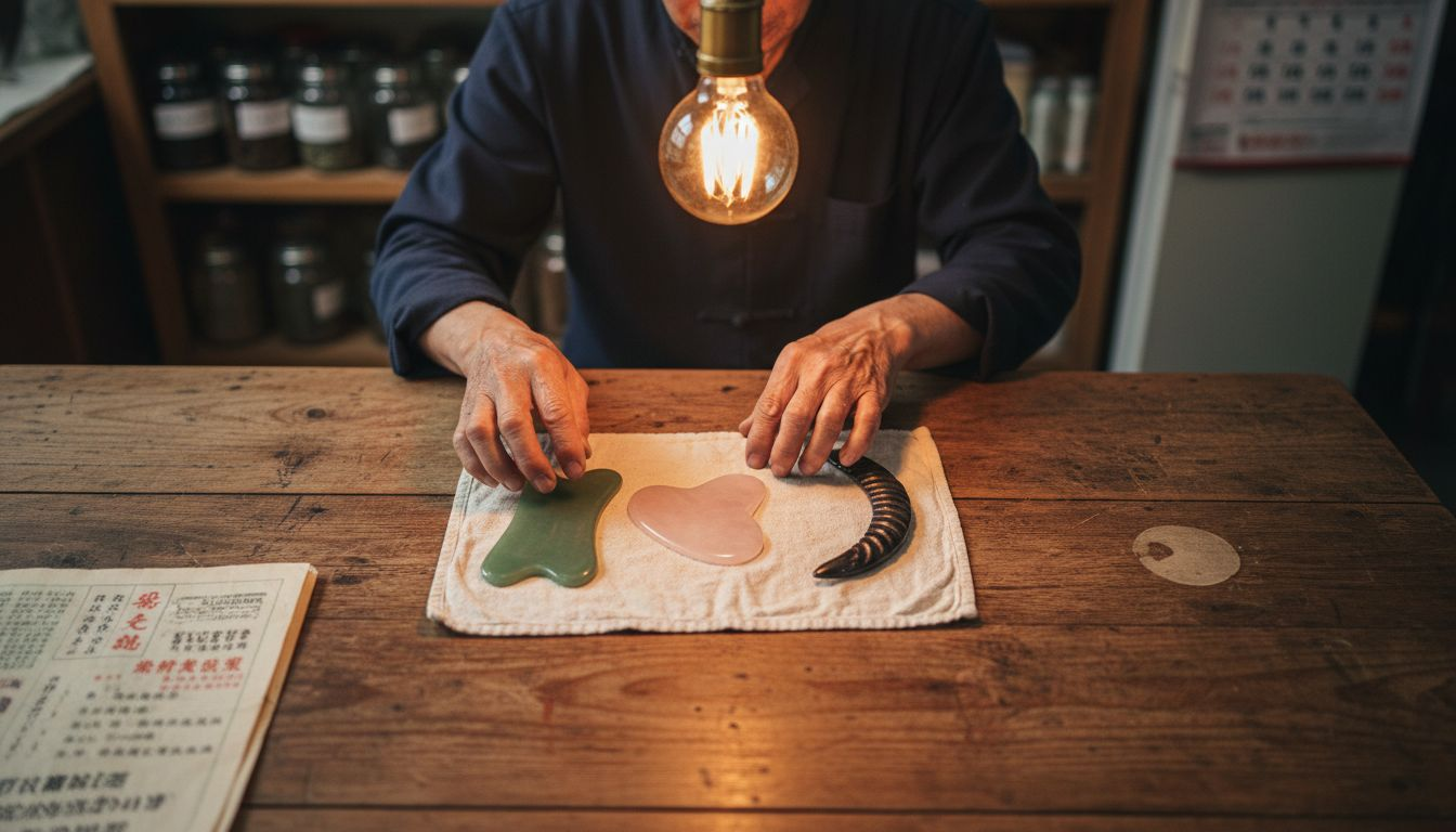 Variety of gua sha tools on wood table