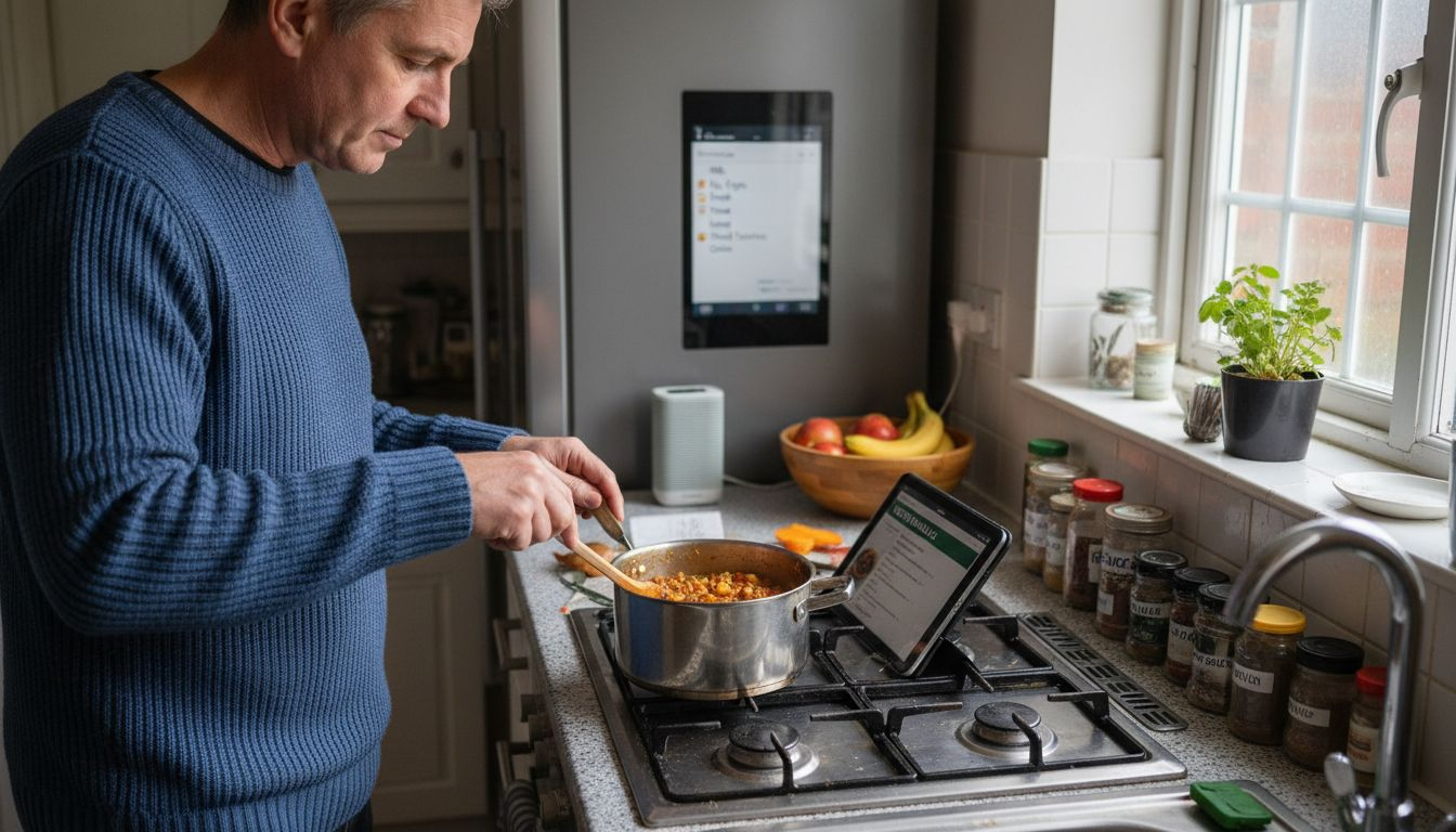 Man uses smart devices in kitchen scene