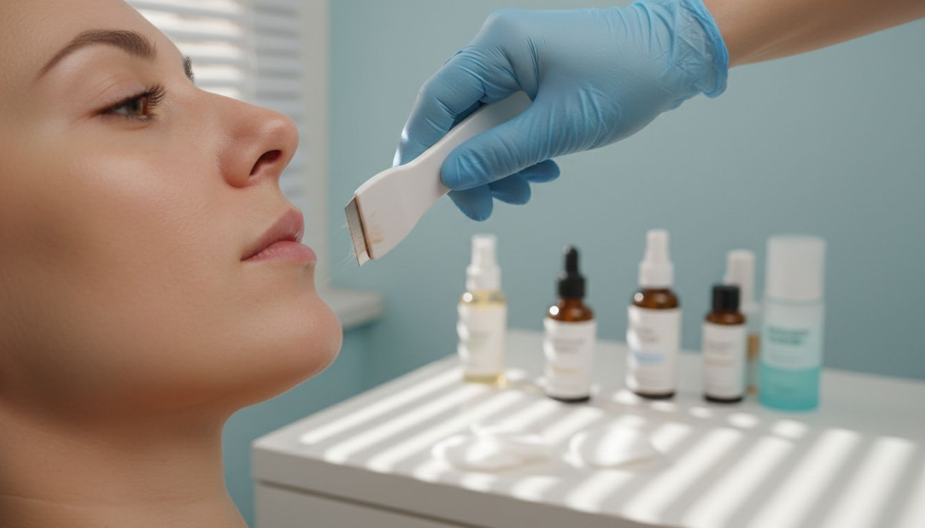 Close-up of dermaplaning blade exfoliating skin