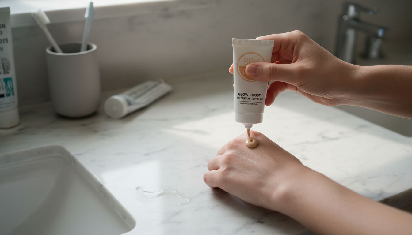 Hands dispensing BB cream on marble counter
