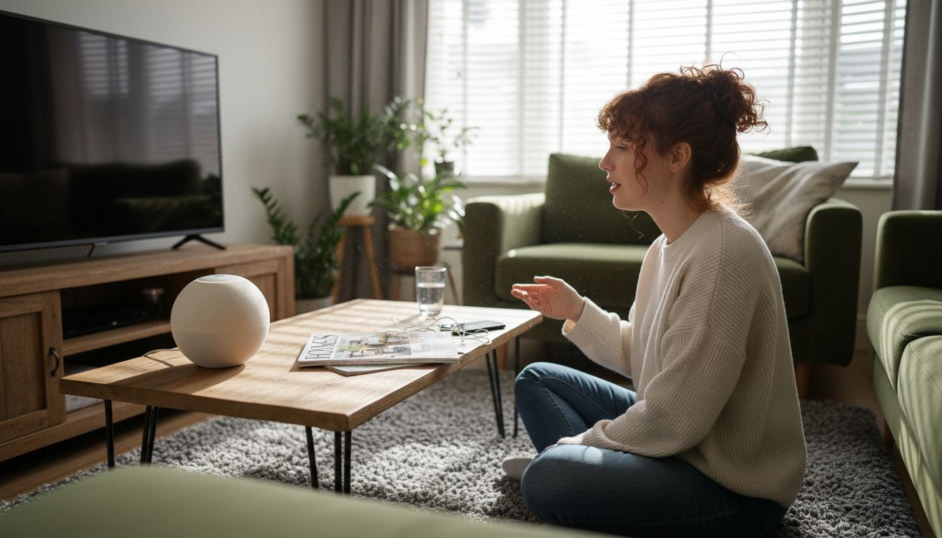 Woman using speech recognition voice device