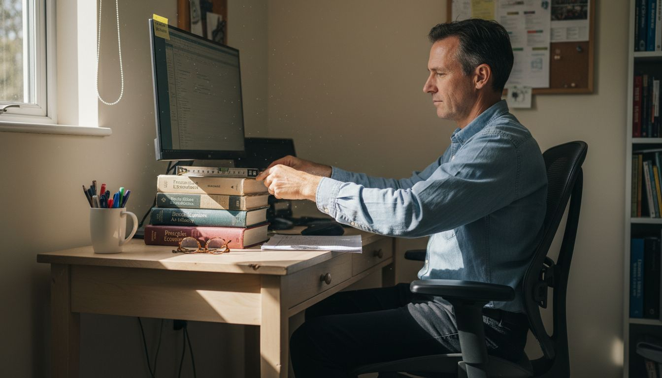 Man adjusting ergonomic posture at desk