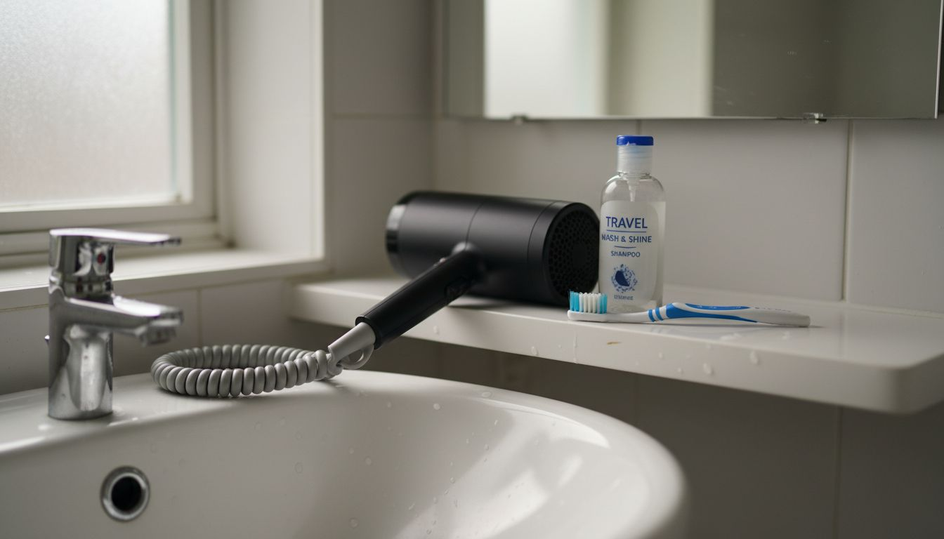 Compact hair dryer next to travel toiletries