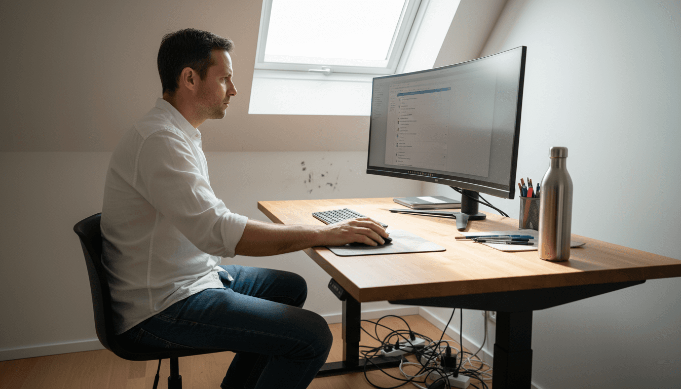 Man using sit-stand desk in attic workspace